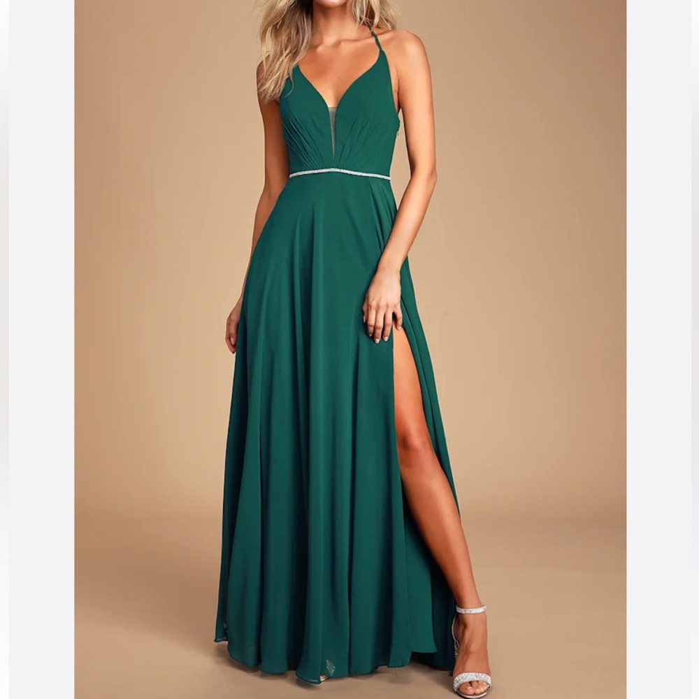 Lulu’s “She's Gorgeous” Emerald Green Rhinestone Lace-Up Maxi Dress ✨worn once✨